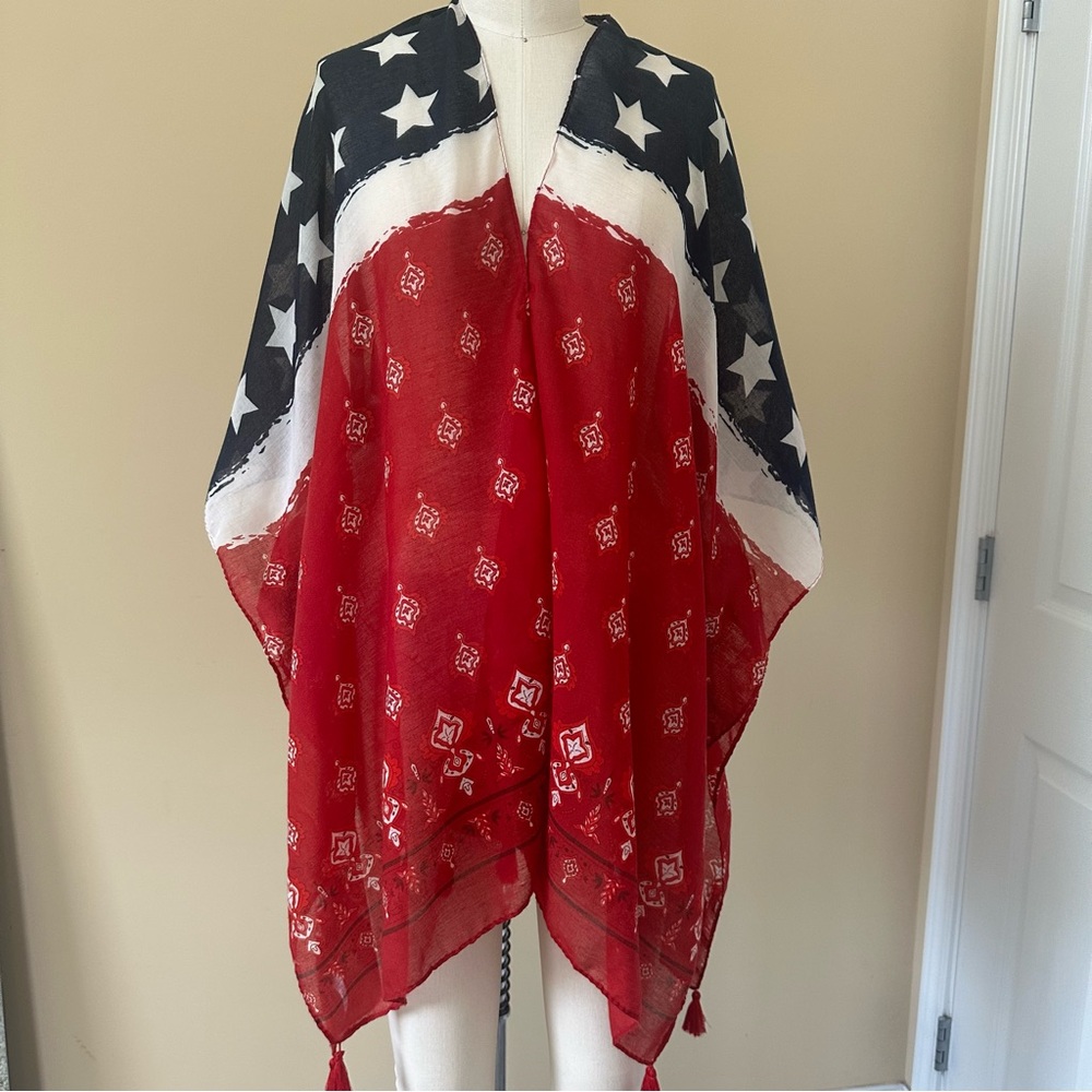USA AMERICAN FLAG ACCENT OPEN FRONT KIMONO OUTERWEAR